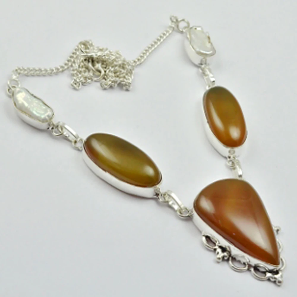 

Agates & Biwa Pearls Necklace Silvers Overlay over Copper, 51cm , N2972