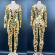Shining Gold Mirrors Jumpsuit Gogo Dance Costume Sexy Net Yarn Bodysuit Nightclub Women Pole Dance Outfit Stage Wear 