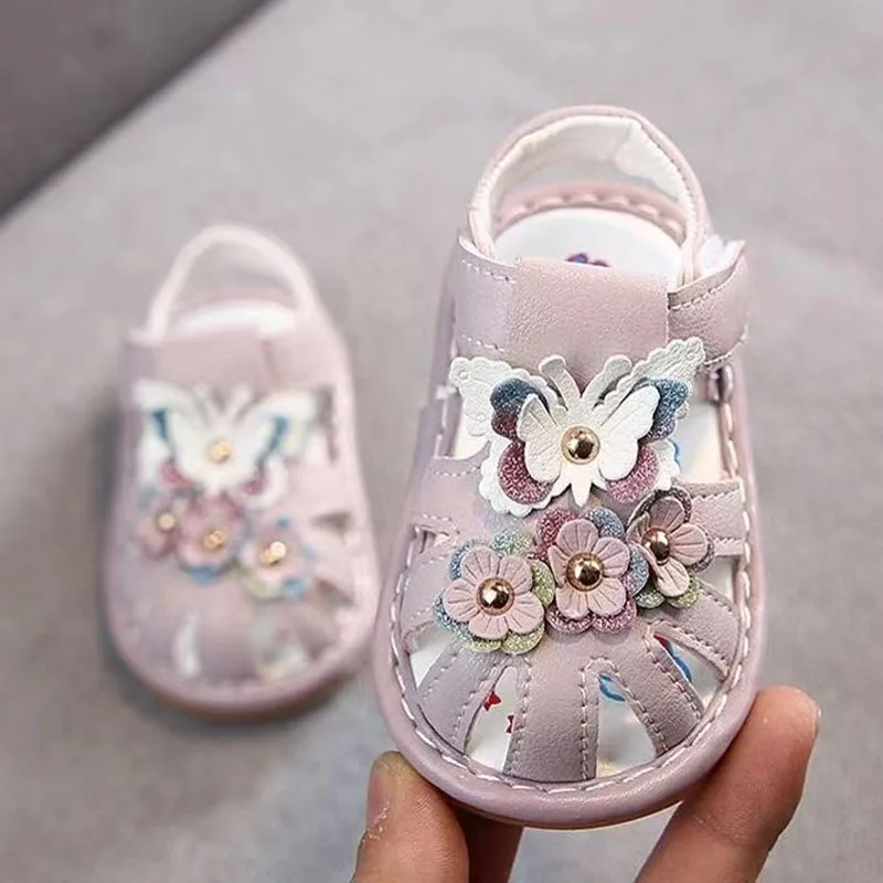 Congme Baby Girls Floral Sandals Toddler Newborn Kids Sounds Shoes Non-slip Soft Princess Shoes 0-2 yrs