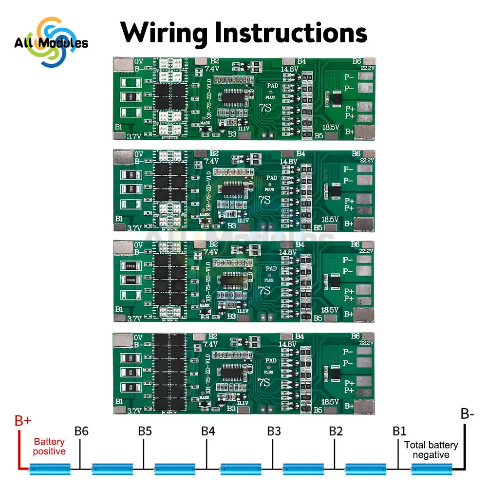 Защитная плата BMS 7S, 24 В, 10 А, 15 А, 20 А, 30 А, 18650 для литиевых батарей, с балансировщиком батареи, комплект BMS для зарядки внешнего аккумулятора