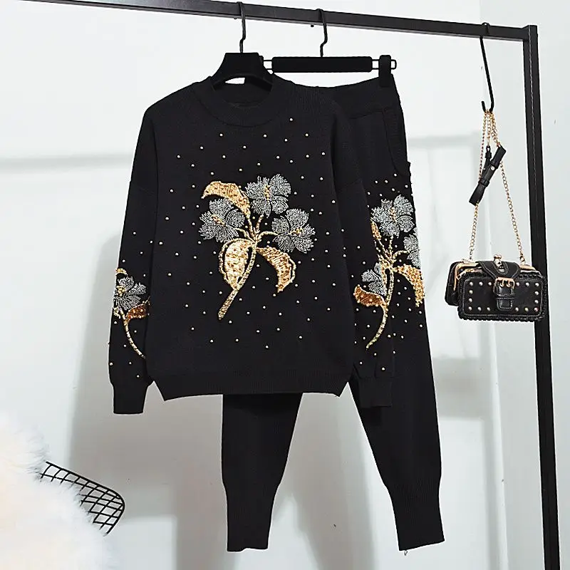 Spring Auitumn Women Knitting Two-piece Set Embroidery Beads Flower Long Sleeve Sweater Top + Casual Harem Pants Trendy Knitsuit