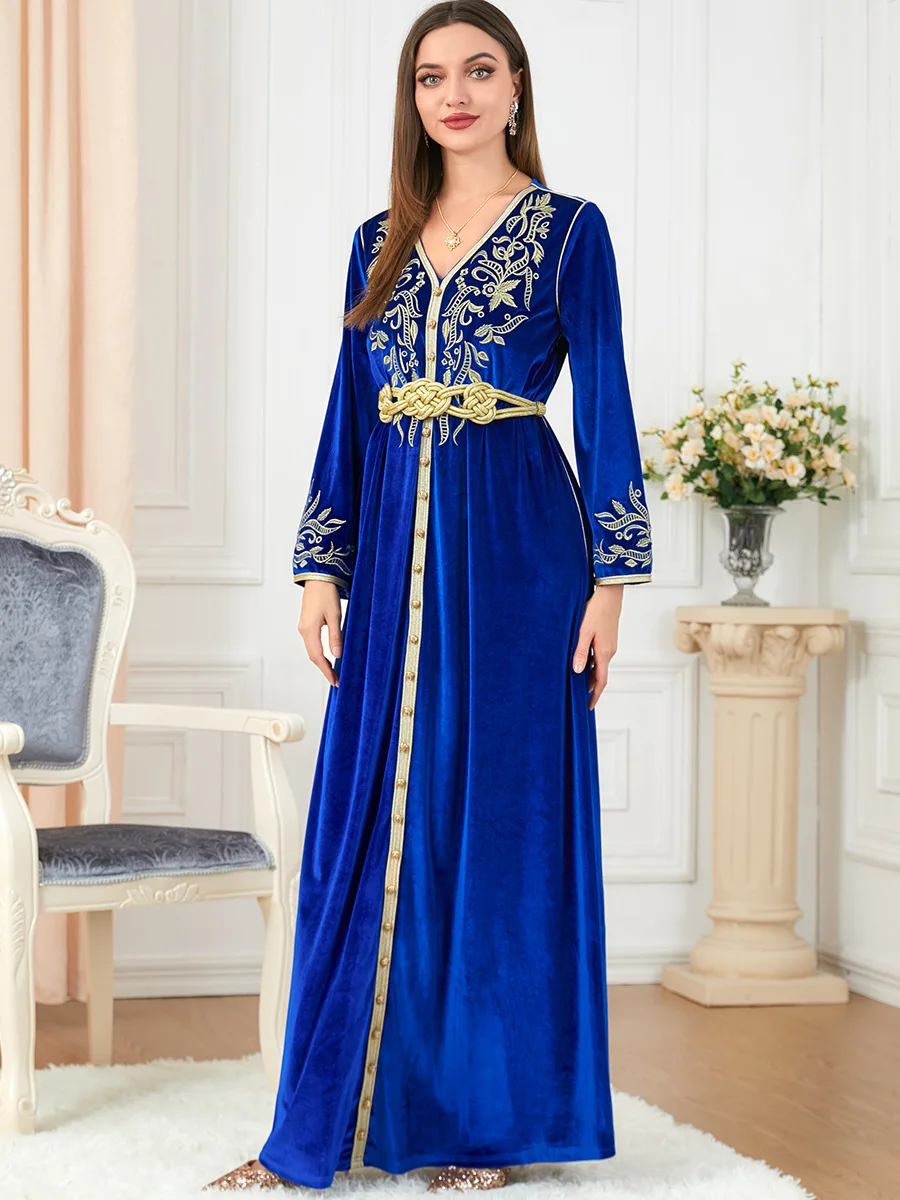 Women's Winter Abaya Velvet Belted Kaftan Jalabiyat Embroidered V-Neck Long Sleeve Dress Morocco Turkey Clothing