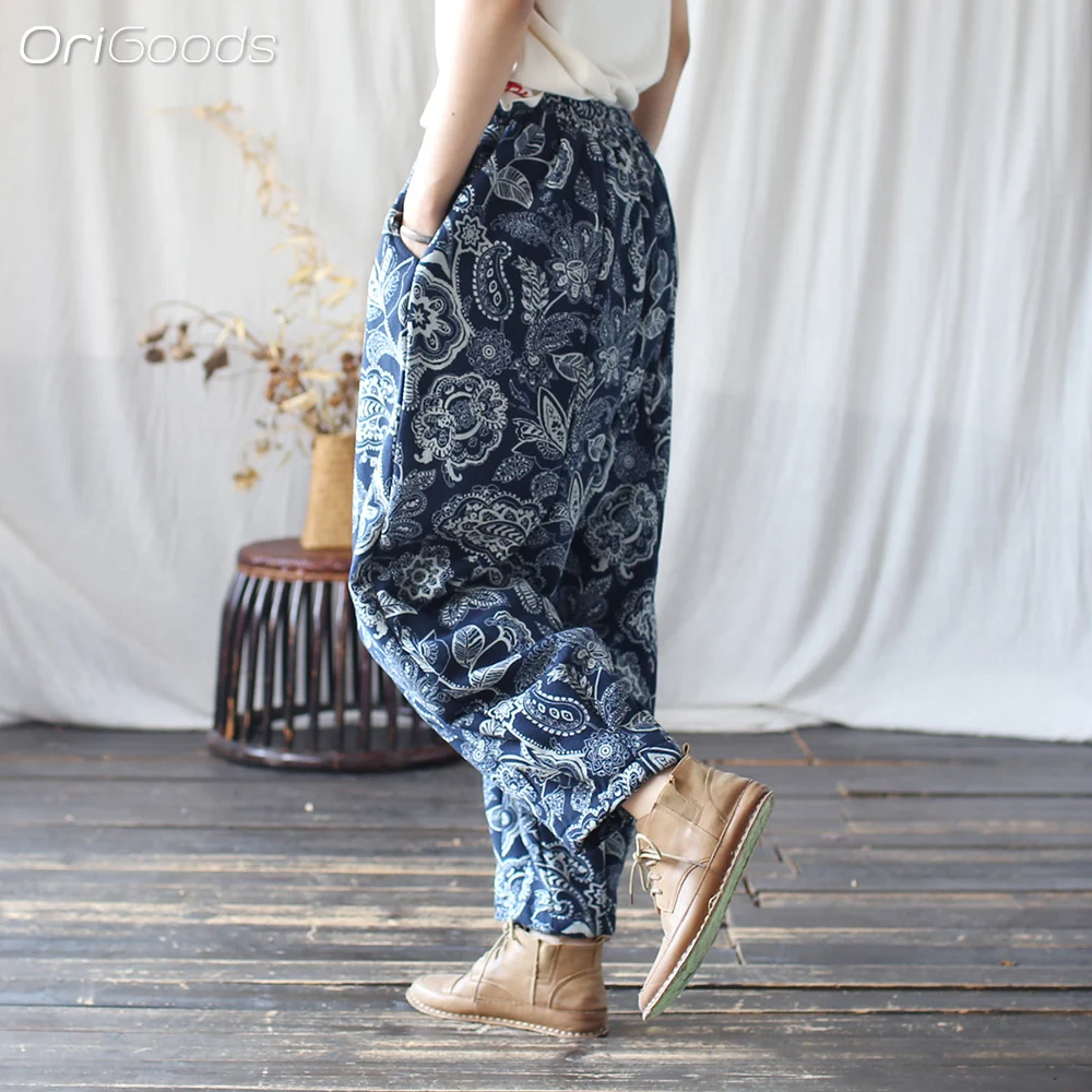 OriGoods Брюки Женские хлопчатобумажные теплые зимние брюки эластичная талия