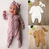 autumn solid rompers infant baby boy girl long sleeve footies jumpsuit sleepwear pyjamas with headband spring clothes