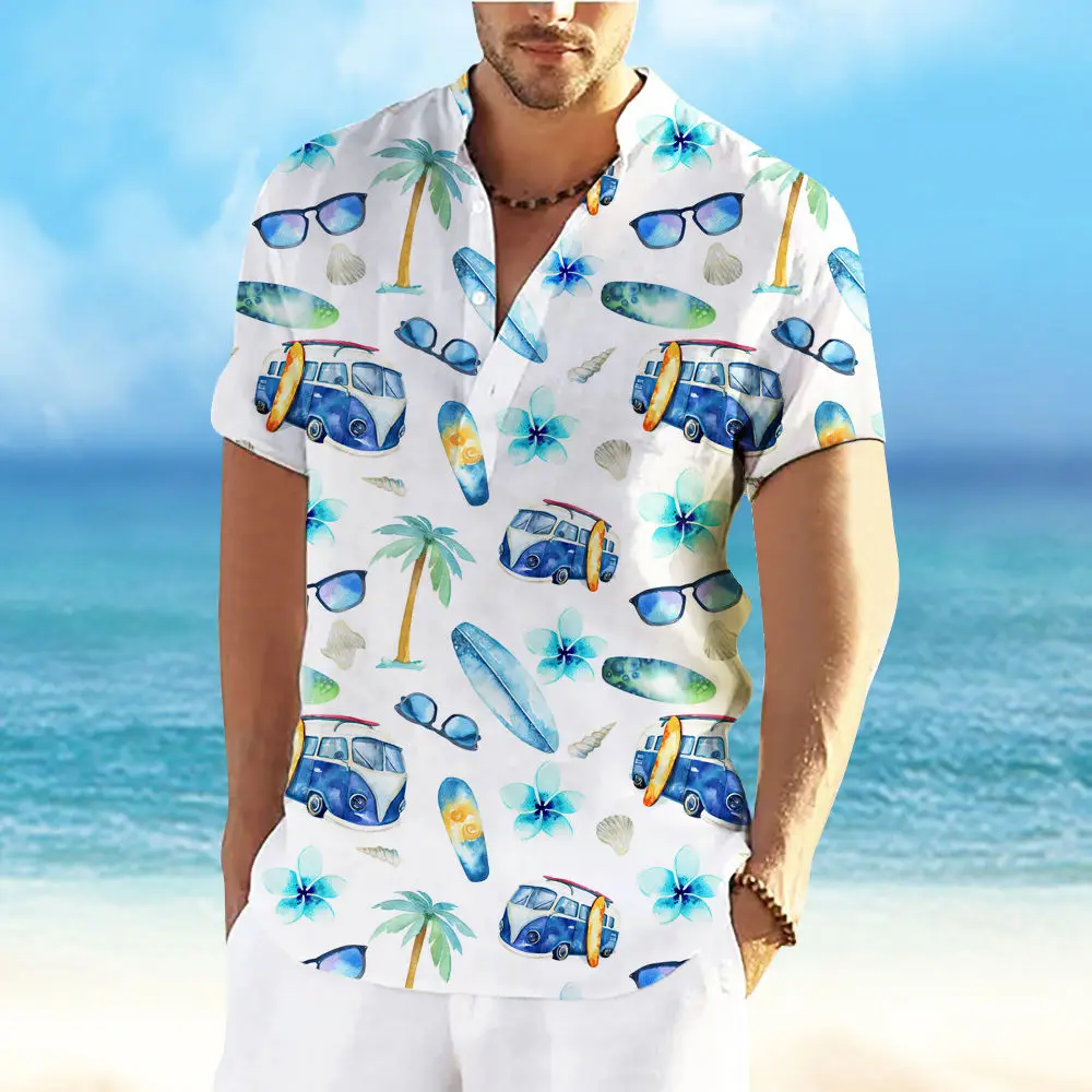 

Summer Men'S Shirt 3d Printing Stand-Up Collar Casual Beach Travel Shirt Short-Sleeved Oversized Street T-Shirt Men'S Clothing
