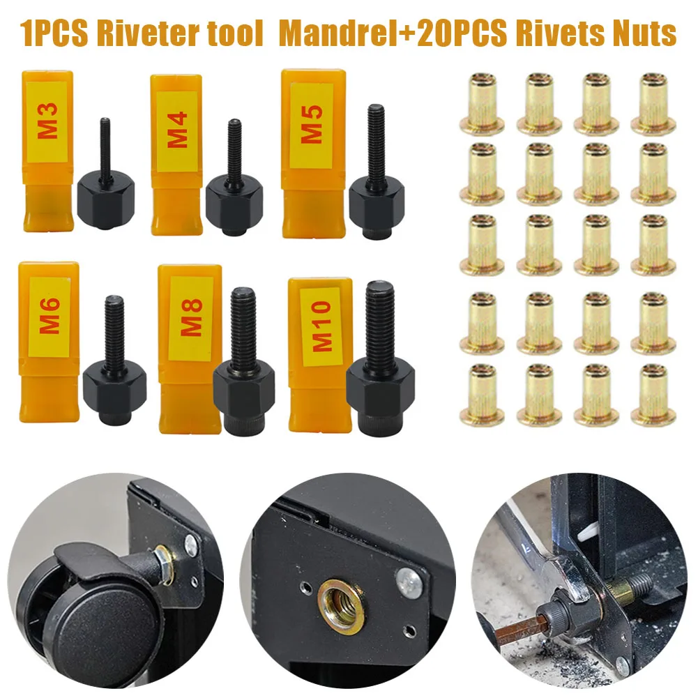 

21pcs Hand Rivet Nut Gun Head Iron Galvanized Nuts Manual Threaded Riveter Rivnut Tool Accessory M3 M4 M5 M6 M8 M10