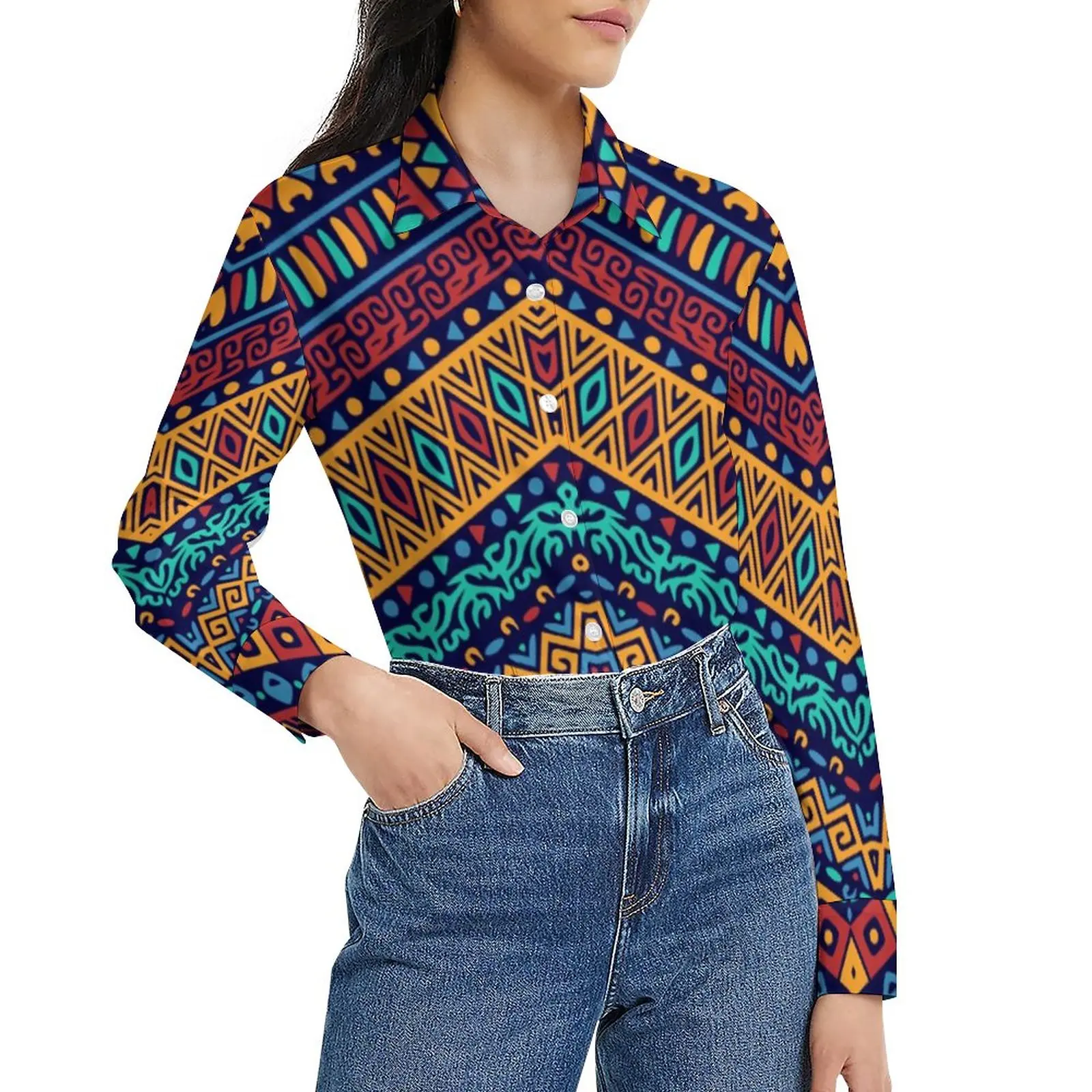 

African Tribal Loose Blouse Vintage Print Casual Oversize Blouses Womens Long Sleeve Pretty Shirt Autumn Custom Top