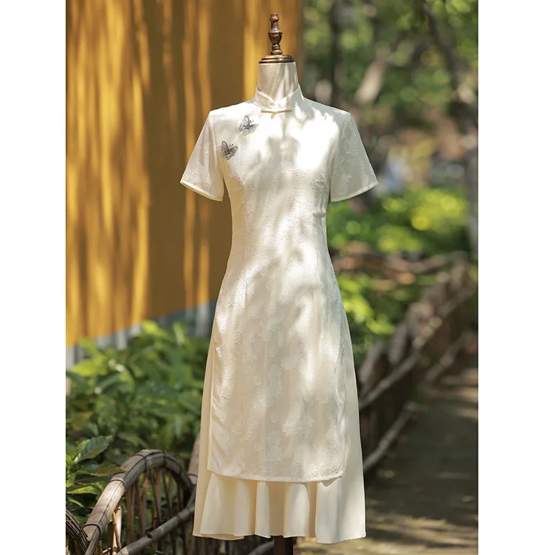 

Beige Vintage Cheongsam Women Summer Dress Short Sleeve New Chinese Style Fashion Butterfly Handmade Button Qipao