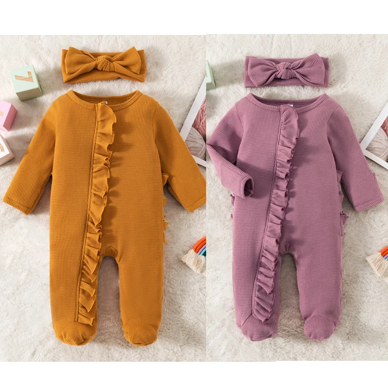 

Комбинезон для новорожденных девочек 0-24 мес., длинный комбинезон с оборками, комбинезон на молнии, однотонная Пижама на весну и осень