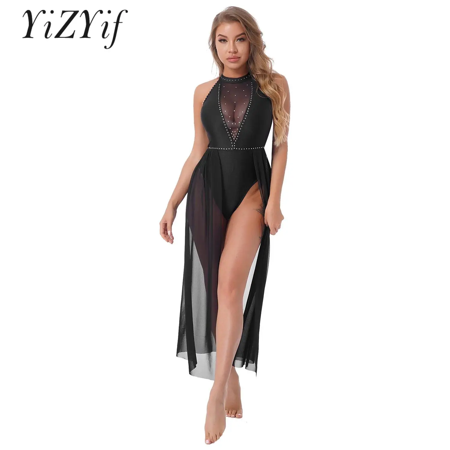 

Women Lyrical Dance Dress Halter Rhinestone Sheer Mesh Splice Gymnastics Leotard Ballet Modern Contemporary Performance Costume