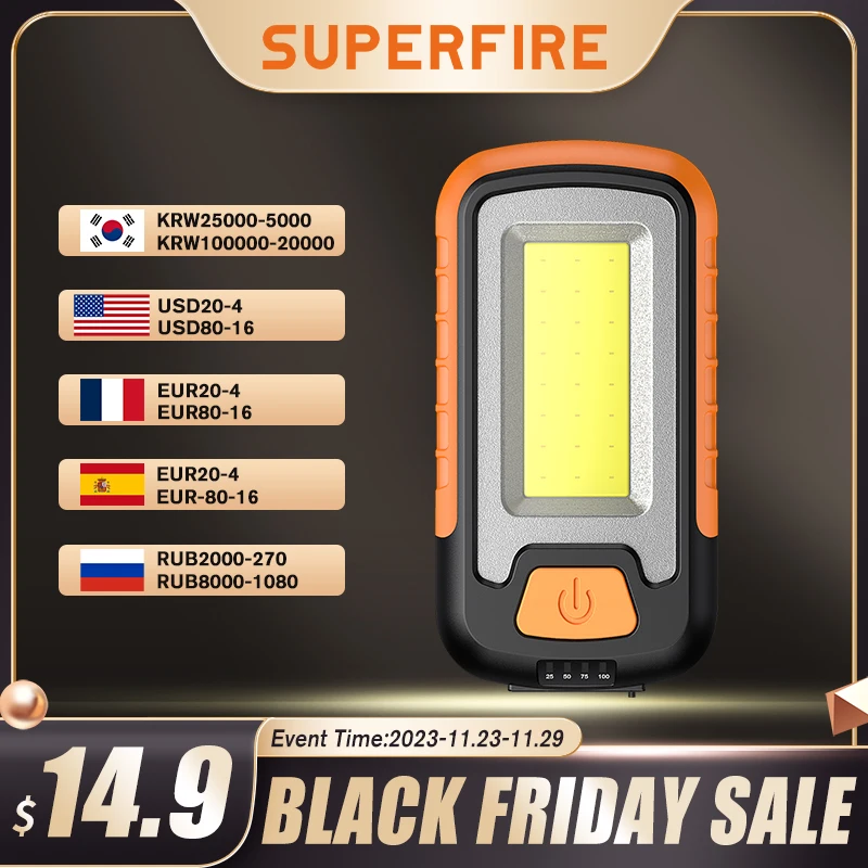 

SUPERFIRE Camping Outdoor CoB Work Light USB Long Lasting Rchargeable Lamp LED Flashlight Portable Lantern Torch Power Bank