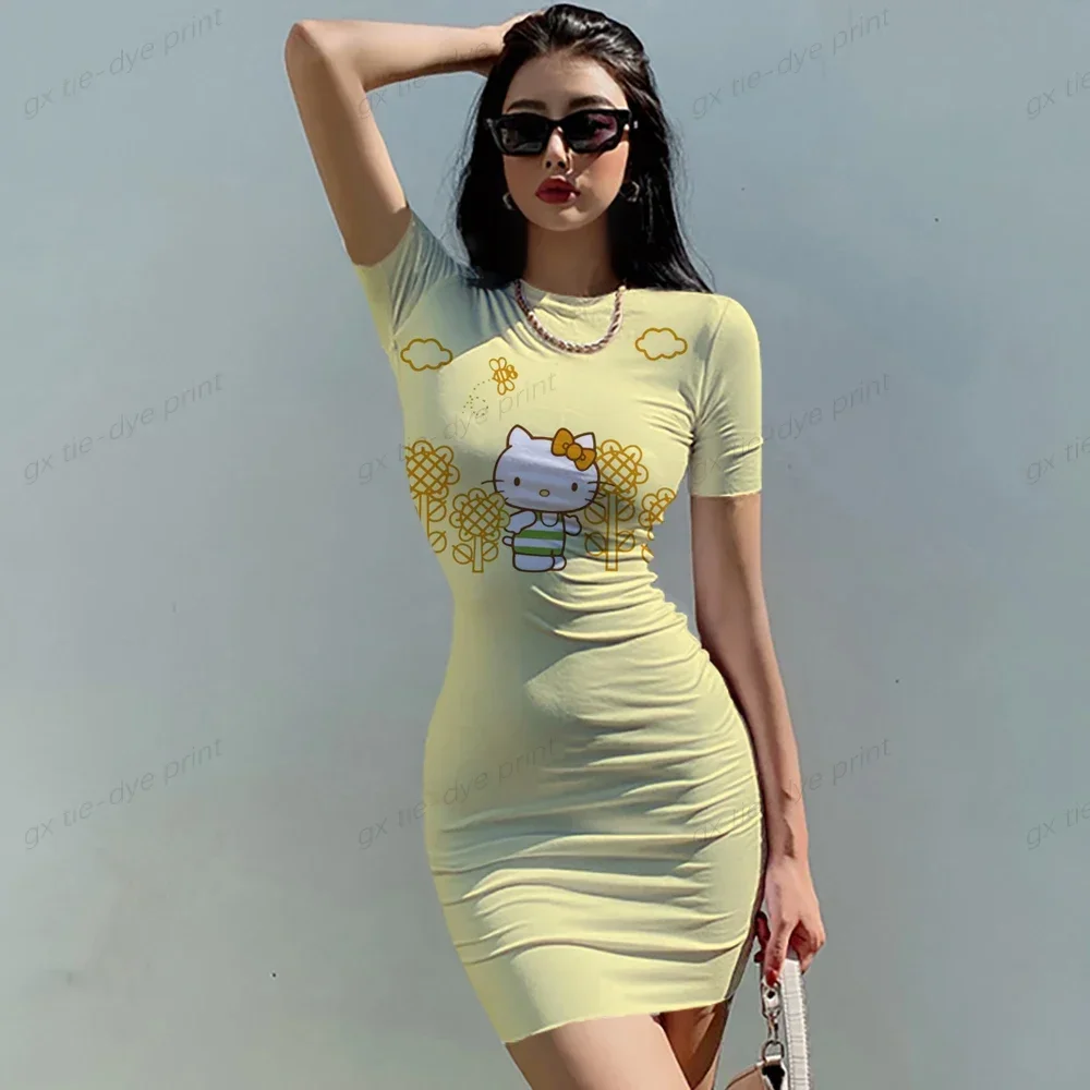 Summer Women's New Korean Temperament HELLO KITTY Print Dress Section Short-sleeved Waist Tight Sexy Bag Hip