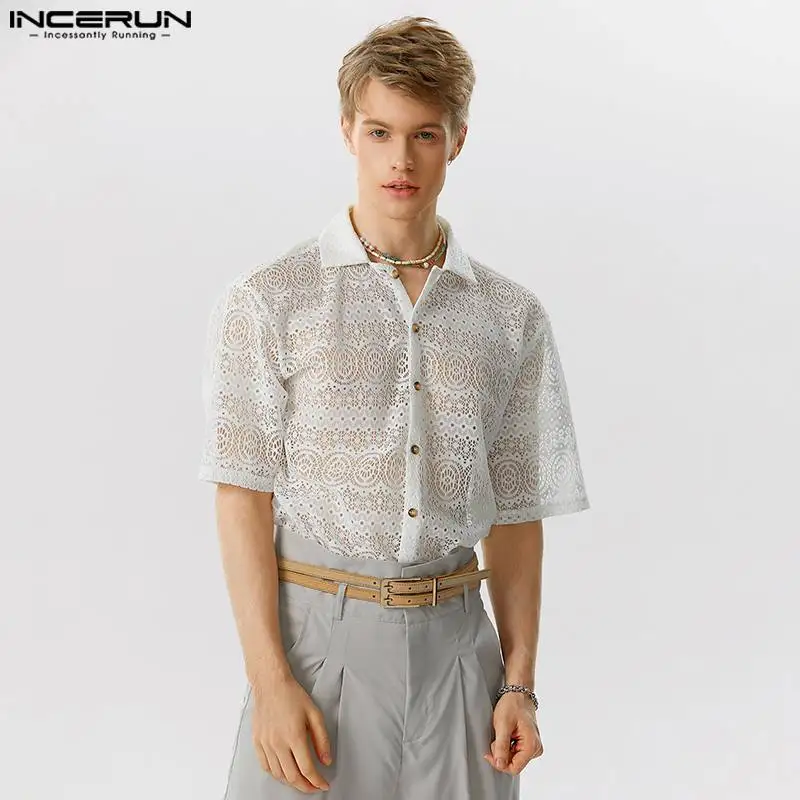

INCERUN Tops 2023 American Style New Men's Hollow Lace Printed Shirts Casual Summer Vacation Hot Sale Short Sleeved Blouse S-5XL