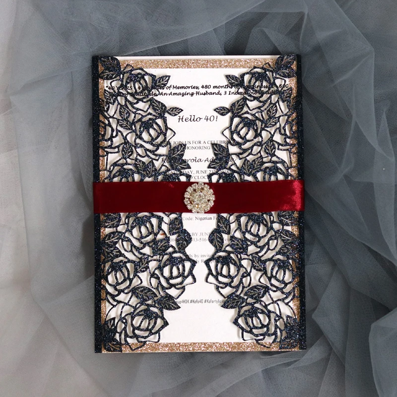 

(100 pieces/lot) Hollow Rose Navy Glitter Wedding Invitation Card Customize XV Birthday Party Invitations with Crystal IC125