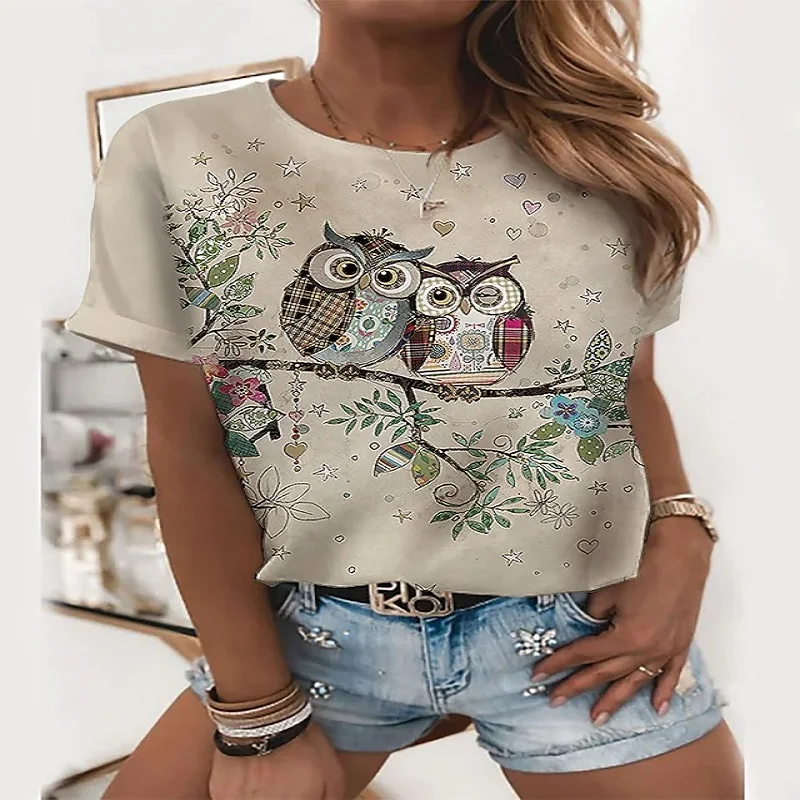 

Modne damskie T-shirt w za dużym rozmiarze Top lato nowa odzież damska wzór sowy na zewnątrz na co dzień styl uliczny