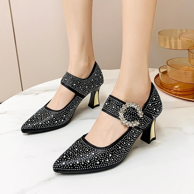 

Pearl Crystal High Heel Women's Shoes 2023 New Fashion Hot Sales Buckle Dress Women Pumps Elegant Woman Heeled Mary Jane Lolita