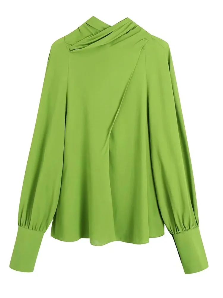 

Модная женская зеленая блузка с воротником-шарфом, новинка 2022, однотонный комбинезон с длинным рукавом, атласные текстурные брюки, уличная ...