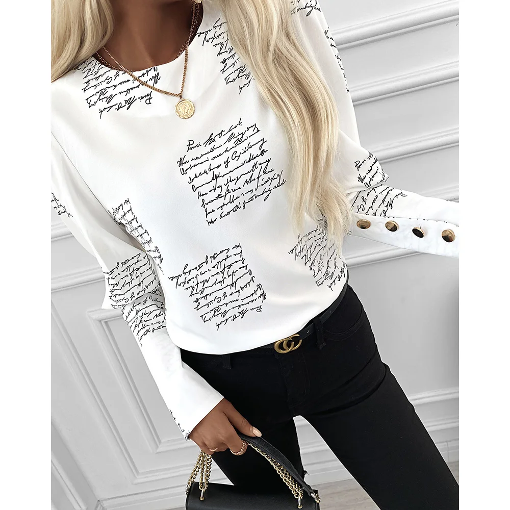 

Women's Shirts Buttoned Long Sleeves 2022 Fashion Women O Neck Letters Printing Women's Shirts For Spring Autumn Tops Blouse