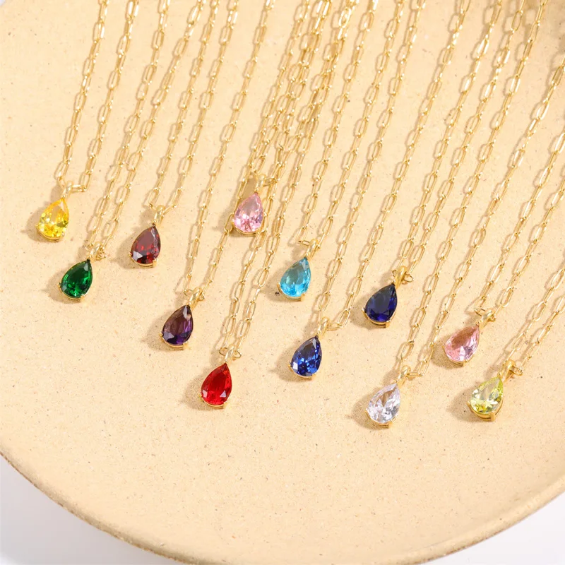 

Luxury Stainless Steel Teardrop-shaped Birthstone Necklaces 18K PVD Plated Waterproof Zircon Pendant Necklace Women Jewelry Gift