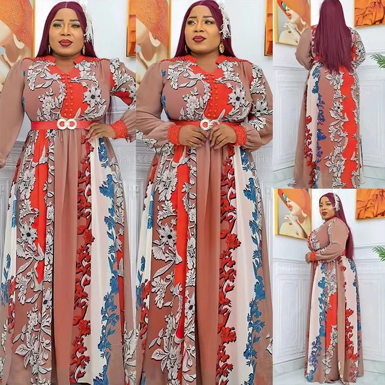 

Wepbel V-neck Chiffon Dress Women Slim Fits High Waist Long-Sleeved Dress Floral-Print Beaded Long Dress Summer Fashion Dress