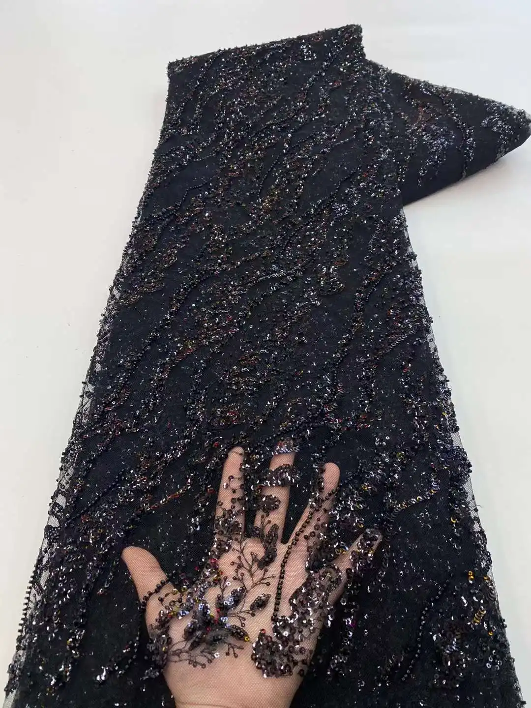 

Black African Net Lace Fabric 2022 High Quality Groom Sequin Embroidery Tulle Lace Fabric 5 Yards For Nigerian Women Party Dress