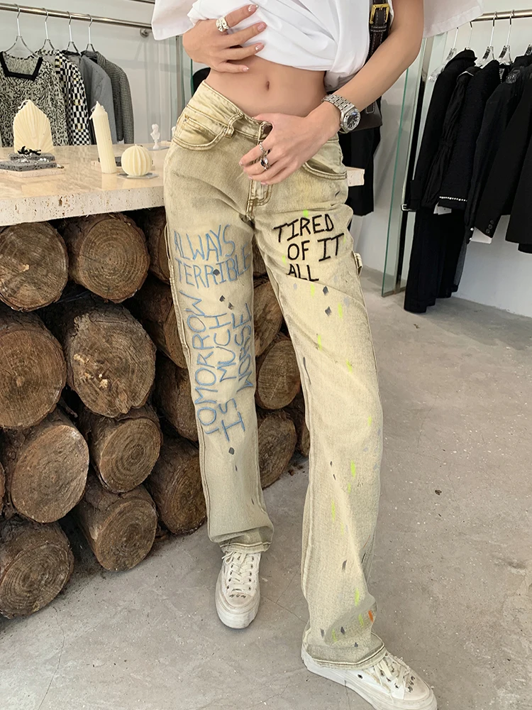 

ZOKI Streetwear Women Jeans High Waist Fashion Embroidery Letter Denim Pants Summer Y2k Khaki 90S Female Graffiti Jeans
