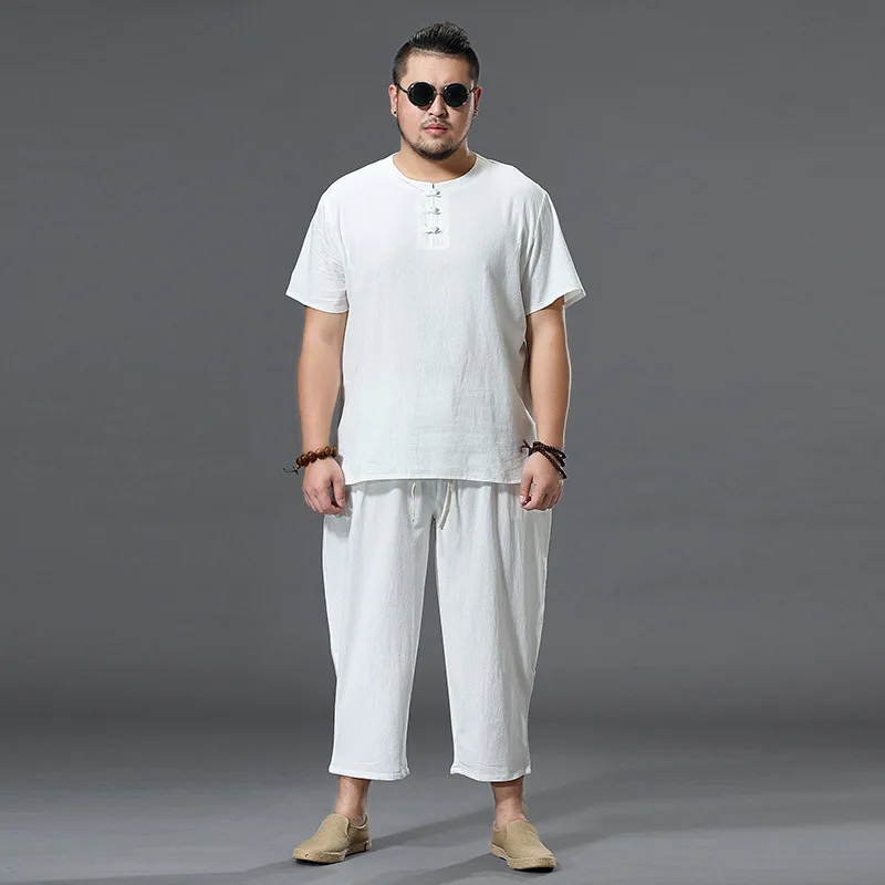 Cotton and Linen Suit Men's Chinese Style Linen Short SleeveTT-shirt Trendy Laid-Back Hanfu Suit Ethnic Retro Casual Tang Suit