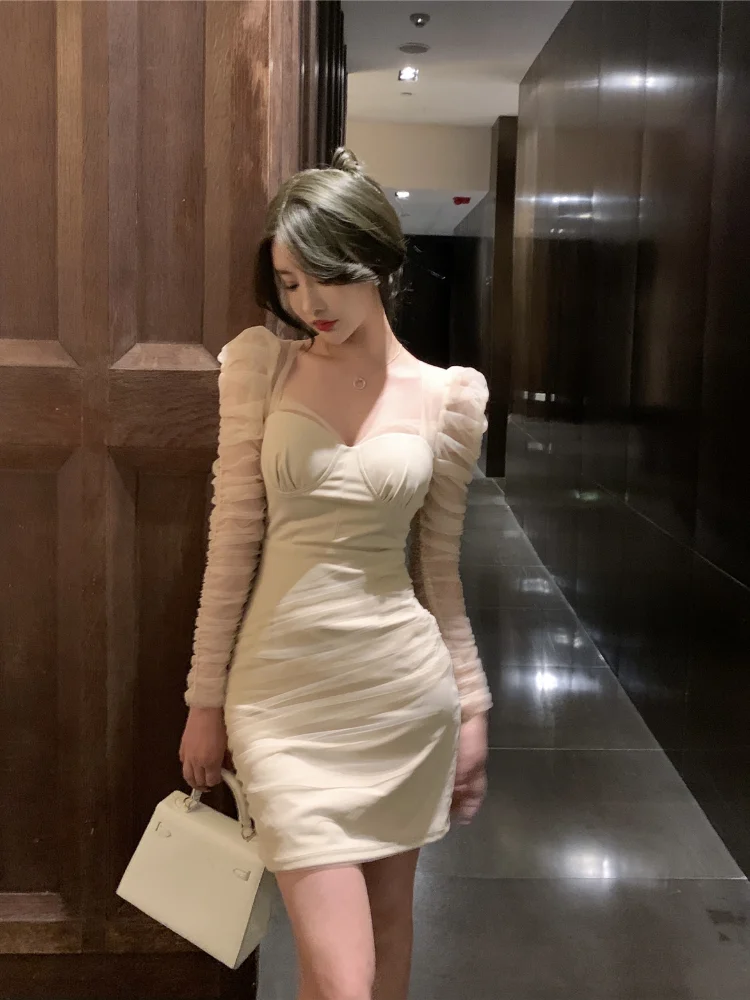 

Sexy Fashion New Temperament Imperial Sister Senior Sense of Mesh Splicing Pleated Slim Thin Package Hip Dresses