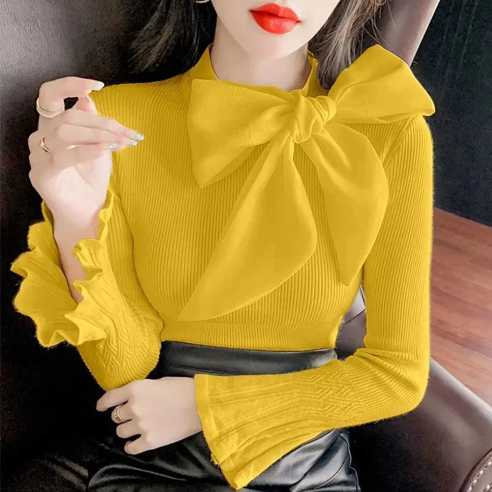 

Лидер продаж, пуловер 2023, милые вязаные свитера, женские осенние Рубашки с бантом и лентами, эластичные облегающие топы с расклешенными рука...