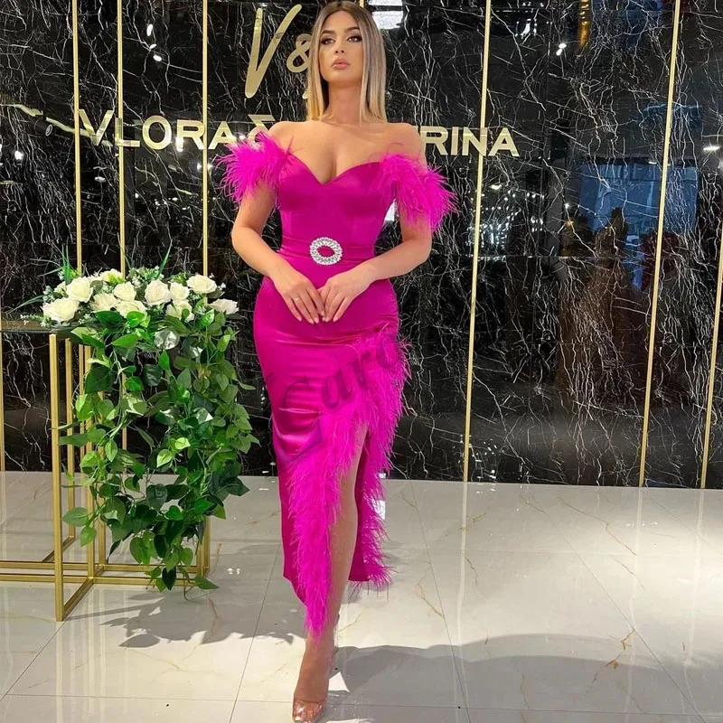 

Caroline Hot Pink Sweetheart Evening Dress Off the Shoulder Mermaid Side Slit Feathers Belt Crystal Prom Gowns Party Custom Made
