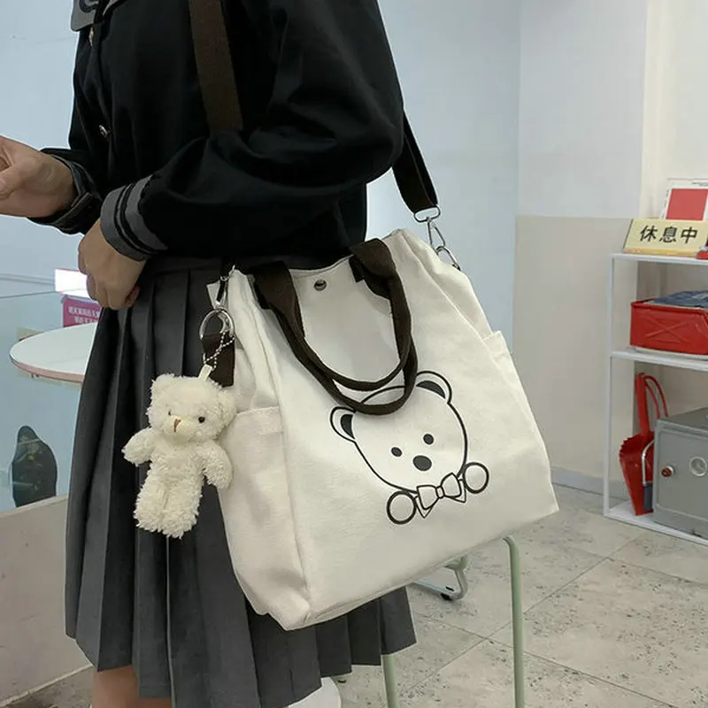

New Cartoon Printing Canvas Bag Student Tote Bag Large Capacity Messenger Bag Bear Pendant Casual Shoulder Bag
