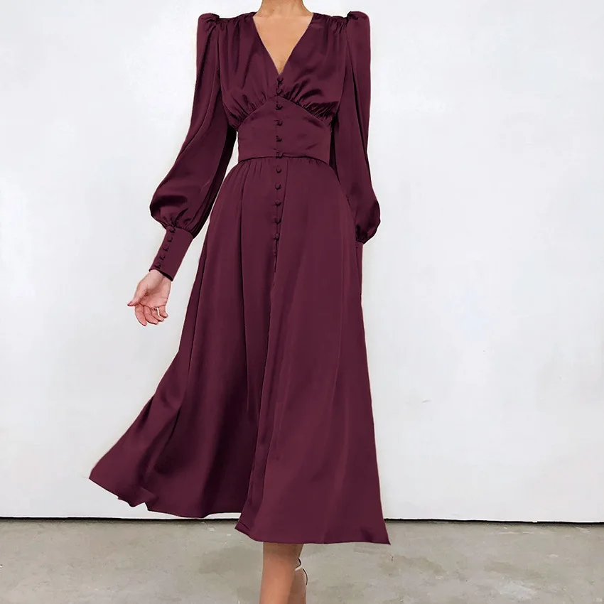 

2022 Autumn Women High Waist Slim Single Breasted Elegant Ladies Dress Satin Prom Gown Solid Balloon Sleeve A-Line Maxi Dress