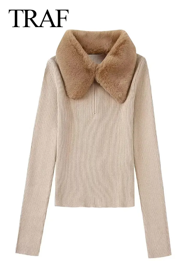 

Модный женский трикотажный свитер TRAF с воротником из искусственного меха и молнией спереди, облегающий пуловер с длинным рукавом, женская з...