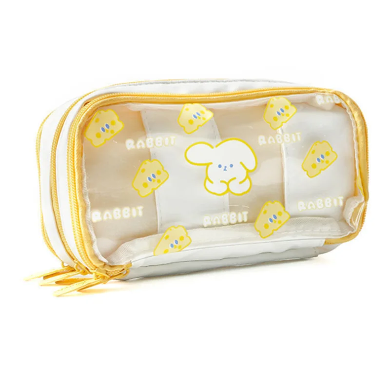 

Large Capacity Stationery Bag Multi-Functional Three-Layer Pencil Case Student Transparent Solid Color Pencil Bag Cartoon