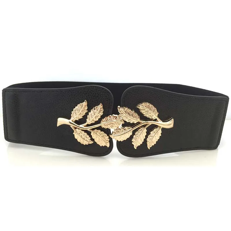 

Fashion Elastic Metal Leaf Buckle Belts for Women Dress Accessories Retro Waistband Blue Pink White Black Adult Belt
