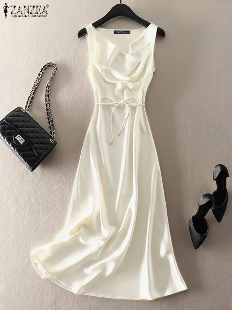

ZANZEA Elegant Women Satin Dresses Solid Loose Robes 2022 Summer Sleeveless Tank Vestidos Casual Cowl Neck Glossy Midi Sundress