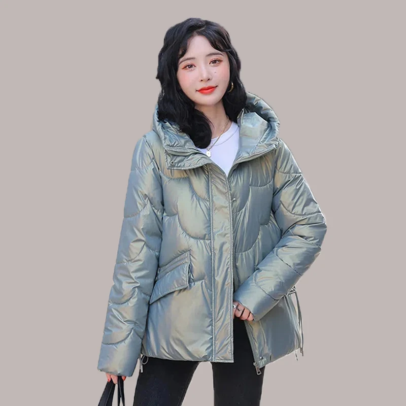 Hooded Loose Cotton Padded Puffer Jacket Winter Warm Thicken Women Short Parkas Korean Glossy Long Sleeve Windproof Outwear