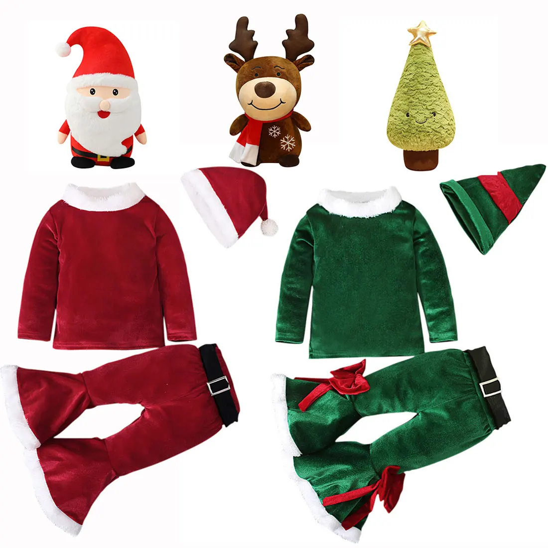 Christmas Winter Outfits Girls Cute Infant Santa Claus Cosplay Costume Kids Long Sleeve Top +Pants +Hat Toddler Dress With Doll