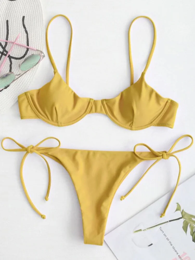 

Sexy Bikinis Swimsuit Solid Swimwear Women Push Up Bathing Suit 2022 Underwire Bikini Bandage Set Beach Wear 551230