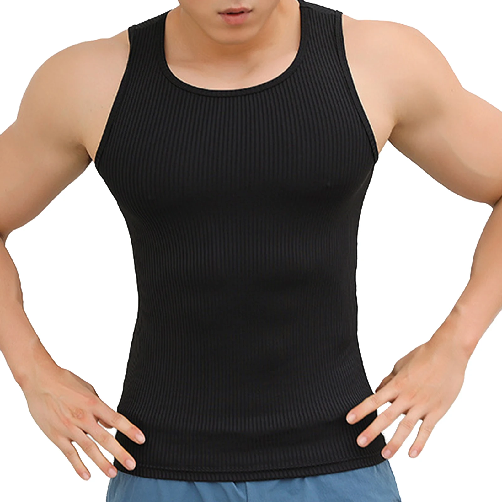 

Men Round Neck Sleeveless Vest Sport Vest Stretchy Vest Tank Top Running Jogging Gymnastic Fitness Workout Top