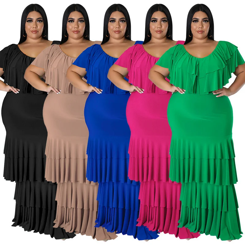 Plus Size Dresses Elegant Women's Round Neck Solid Color Multi Segment Splicing Large Pendulum Long Prom Dress