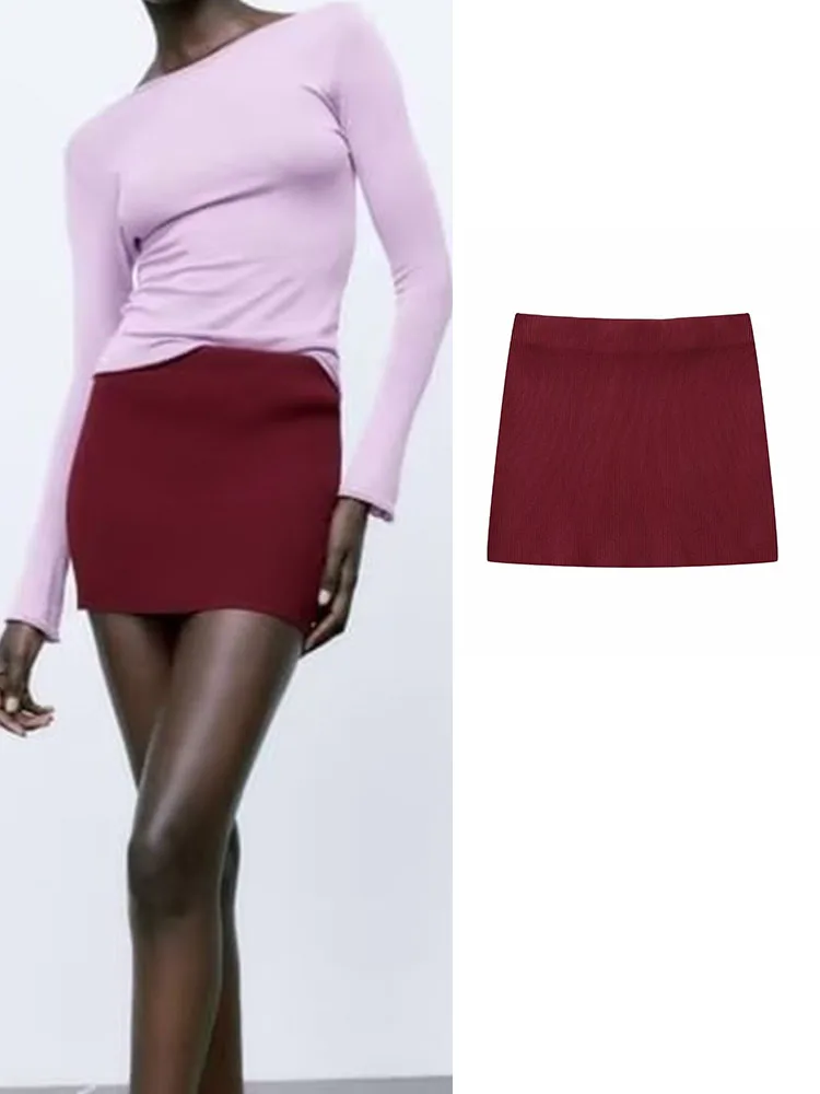 

TRAF 2022 Women Fashion Knitted Mini Skirt High Waist Elegant Solid Dress Causal Straight Vintage A-line Skirts Two Colors