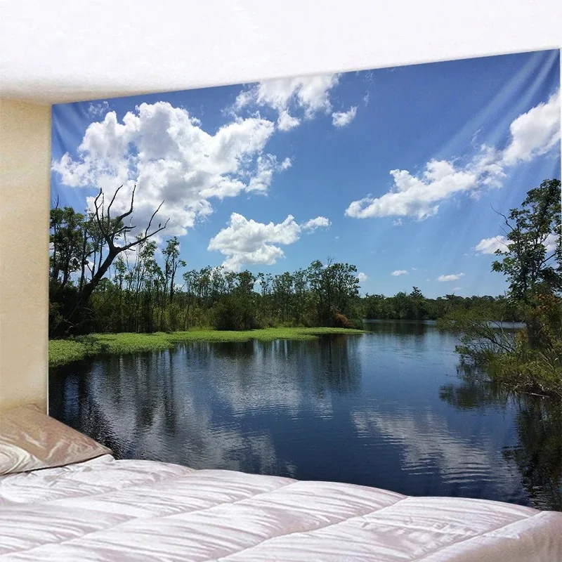 Тканевый фон для фотосъемки с изображением озера голубого неба заката ландшафта