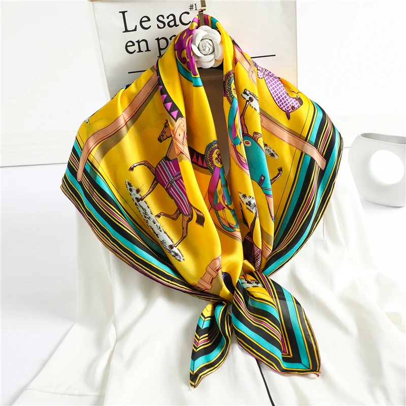 

Luxury Silk Headkerchief Satin Square Scarf Female Print Large 90cm Shawl Wrap Hair Band Foulard Muslim Hijab Neck Tie Bandana