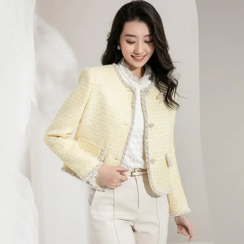 Women Vintage Round Neck Pearl Button Design Short Coat Korean Fashion Outerwear 2023 New Yellow Coats