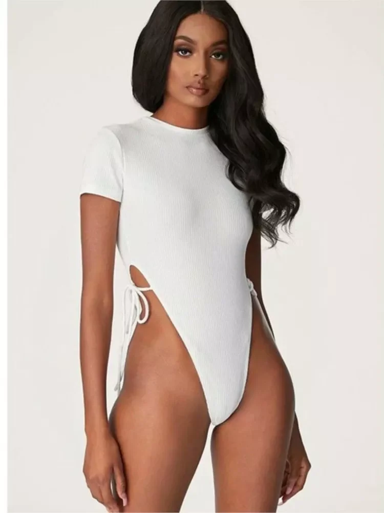 

Sexy high-leg thong bodysuit women's summer new style rib knit solid color waist strap short-sleeved high-waist slim bodysui