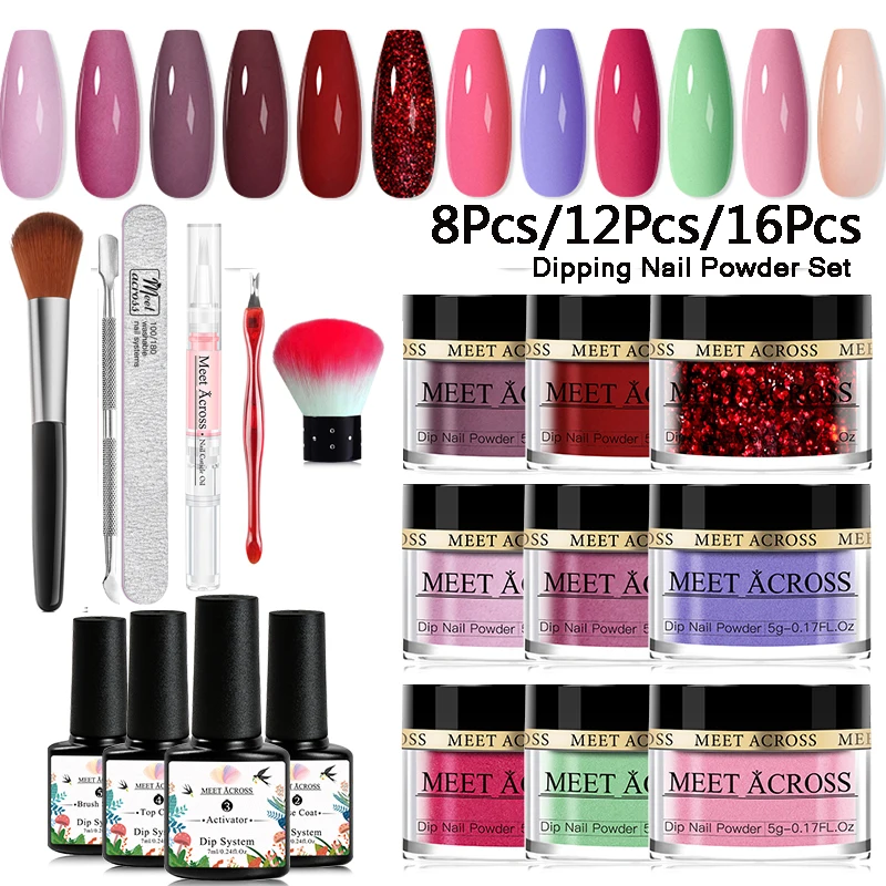 MEET ACROSS 8Pcs/12Pcs/16Pcs Dipping System Nail Kit Dipping Nail Powder With Base Activator Liquid Gel Nail Color Natural Dry