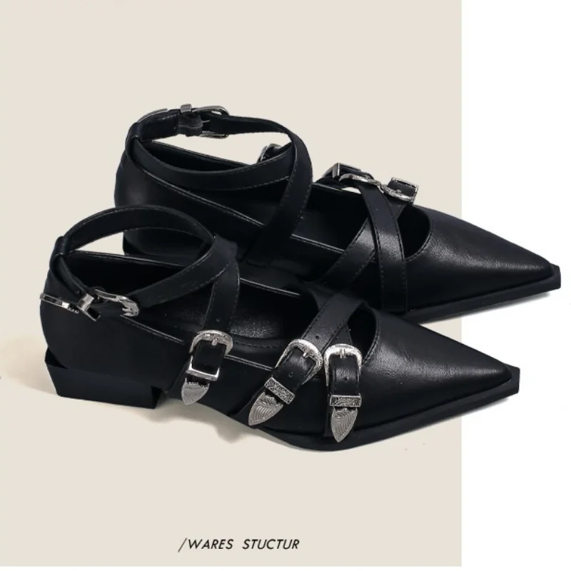 

2023 Women's Fashion Summer Low Heel Sandals Pointed Designer Flat Shoes Women's Buckle Tower Motorcycle Single Shoes