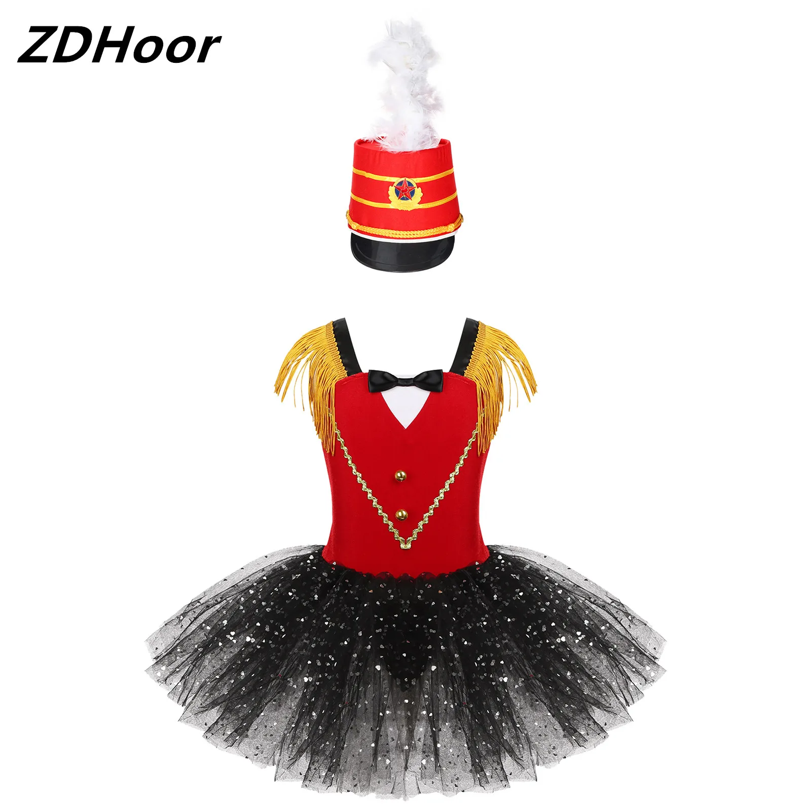 

Kids Girls Flag Raiser Honour Guard Set Tassel Shoulder Straps Bow Tutu Leotard Dress with Feather Hat for Halloween Cosplay