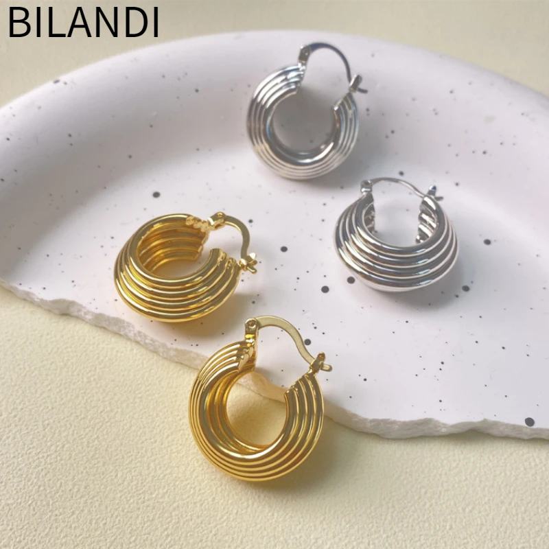 

Bilandi Fashion Jewelry Silver Plated Gold Color Buckle Texture Hoop Earrings For Women Party Gift Popular Ear Accessories